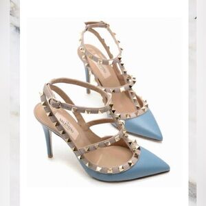 Valentino Garavani Sky Blue and Nude Rockstud Pointed-Toe Slingback Heels